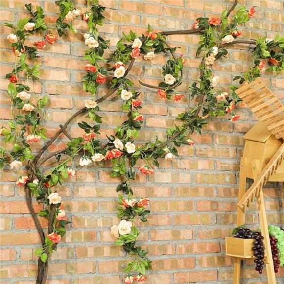 Artificial Rose Vines Flowers Garland Hanging Silk Rose Vine Wedding, Sunset Red - Picture 5 of 6